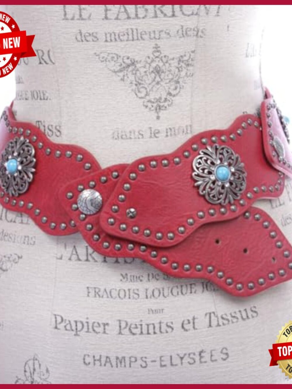 3" Wide Boho Link Leather Belt with Studs and Turquoise Conchos - Picture 3 of 3